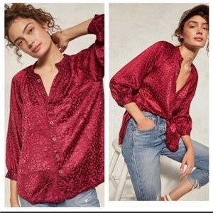 NWT Anthropologie Susanna Berry Velvet Burnout Floral Vampy Button Up Blouse S
